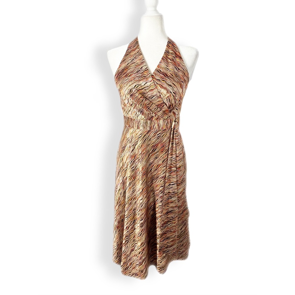 Y2K Kay Unger Sleeveless 70s Multicolor Wave Woven Halter Dress Womens Size 6